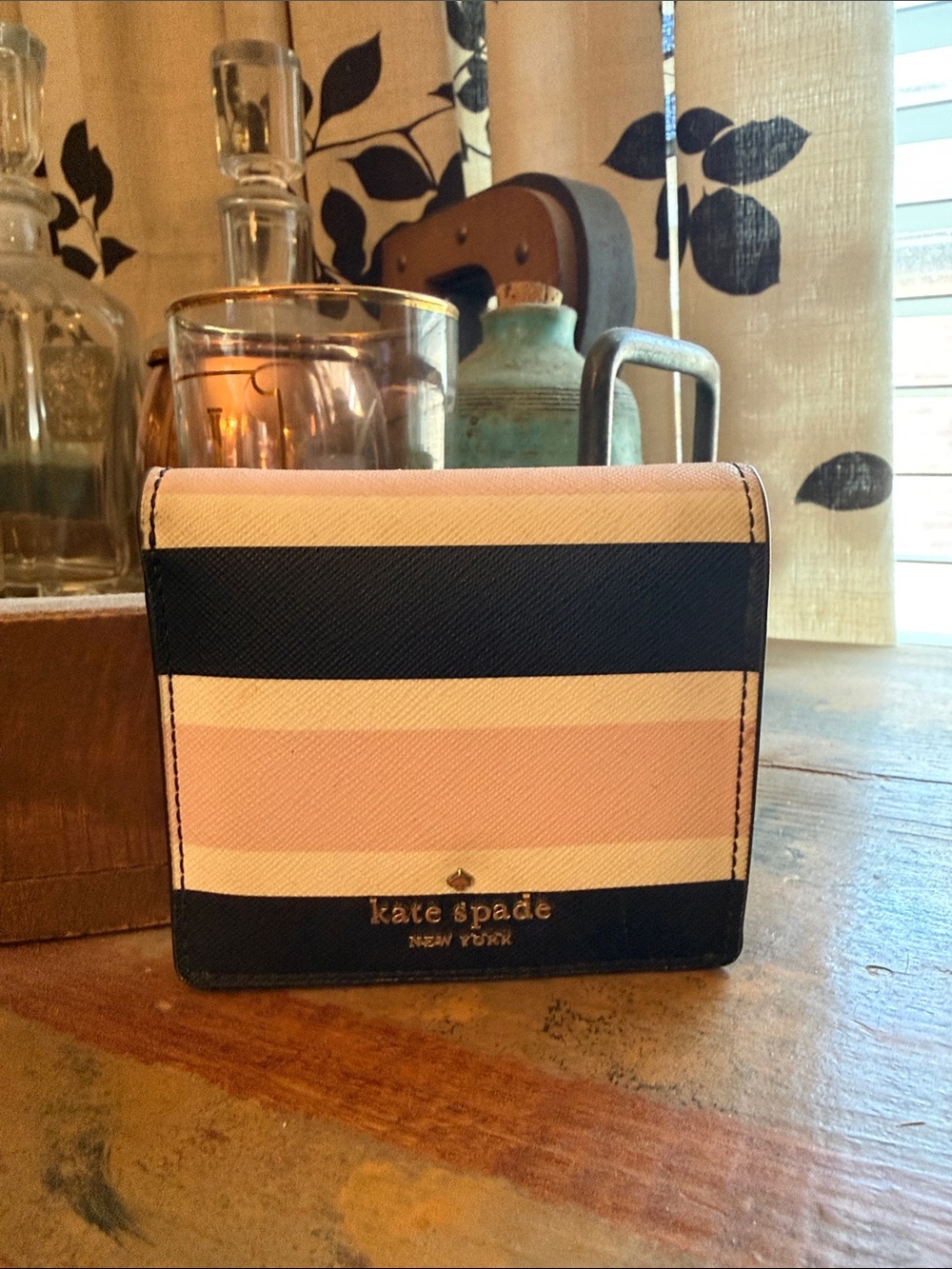 kate spade Black, White and Pink Striped Compact Wallet